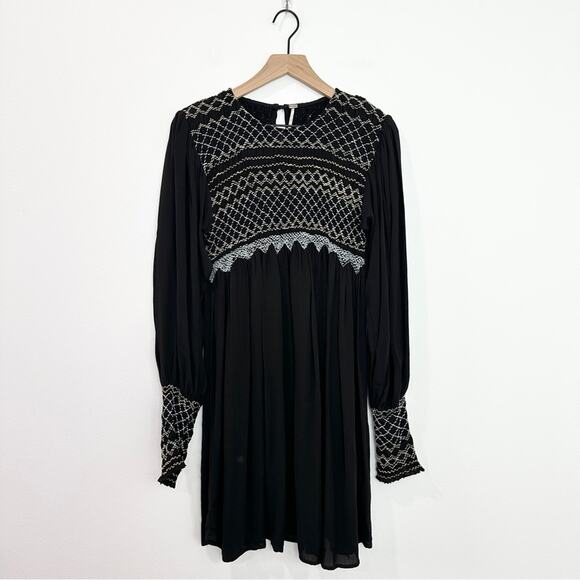 Free People Late Night Picnic Smocked Mini Dress Black Small Dark Romantic - Picture 2 of 8